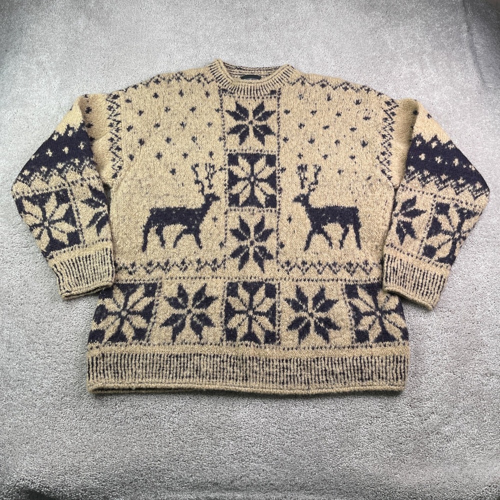 Vintage J Peterman Sweater Mens XXL Tan Wool Fair Isle Reindeer Snowflake Nordic